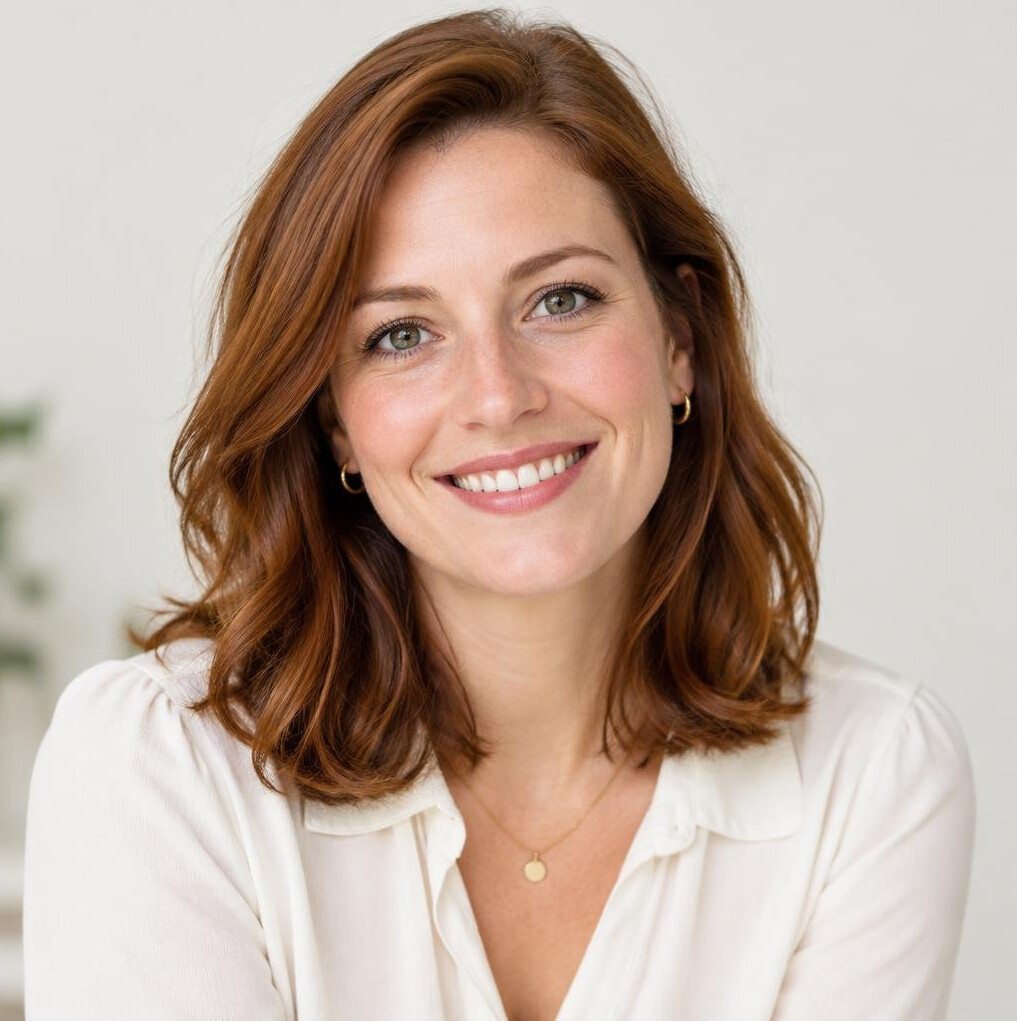 Portrait of a smiling woman photography teacher in a bright studio