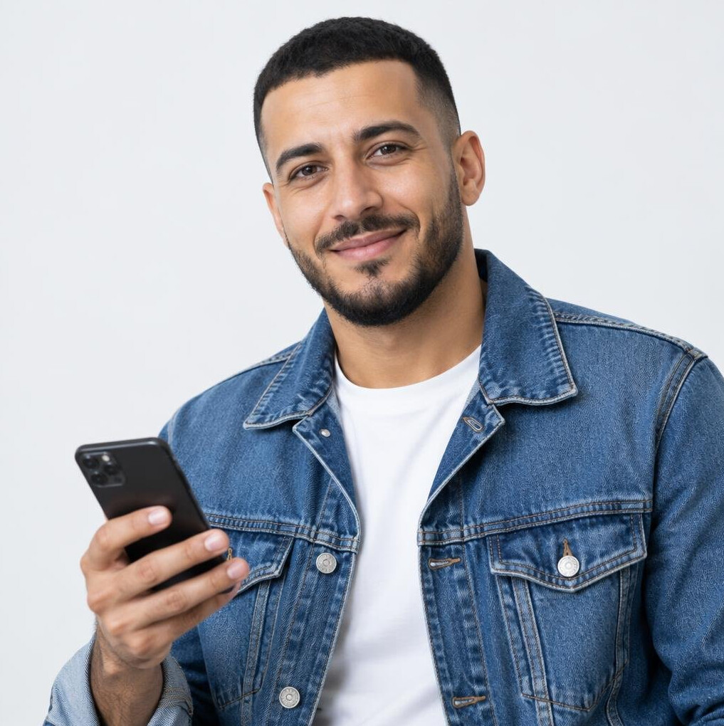 Portrait of a man of North African origin holding a smartphone