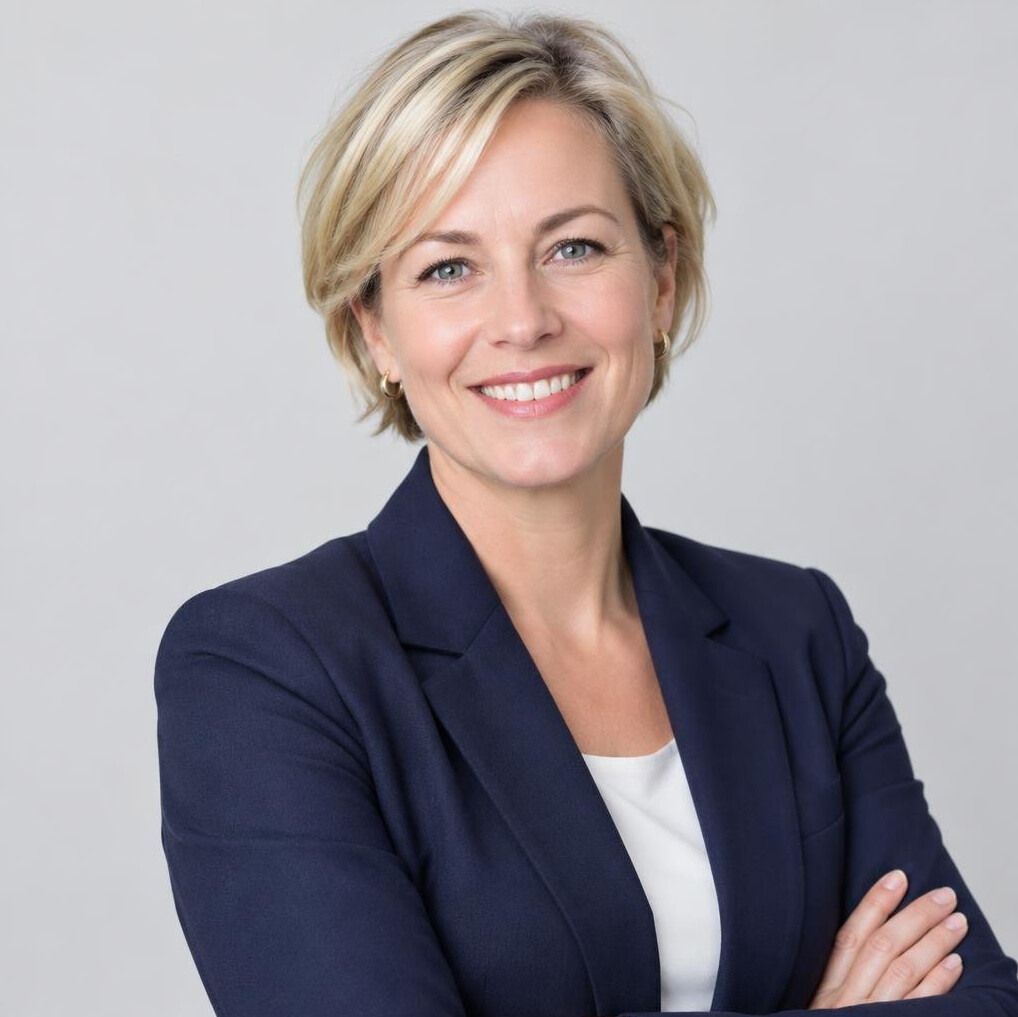 Portrait of a confident woman with short blonde hair in a studio