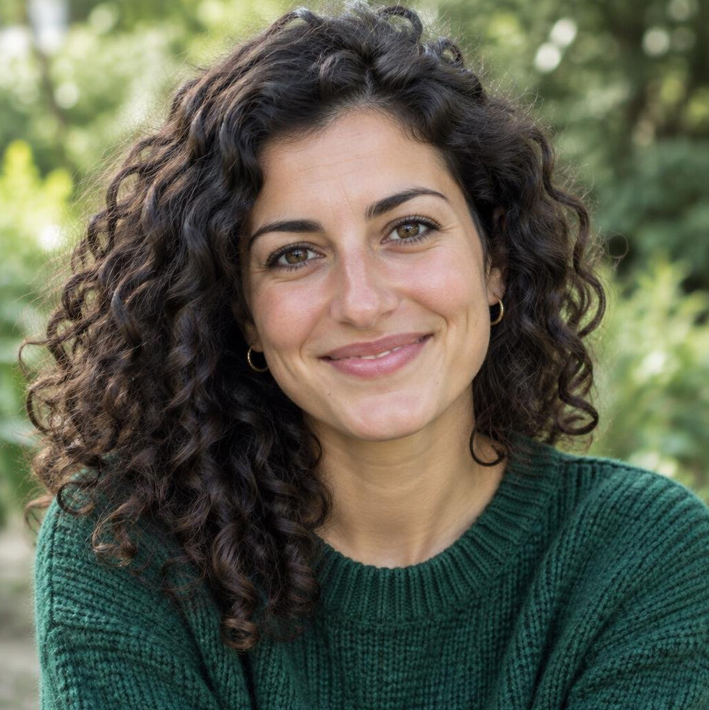 Portrait of a young woman with curly hair smiling outdoors