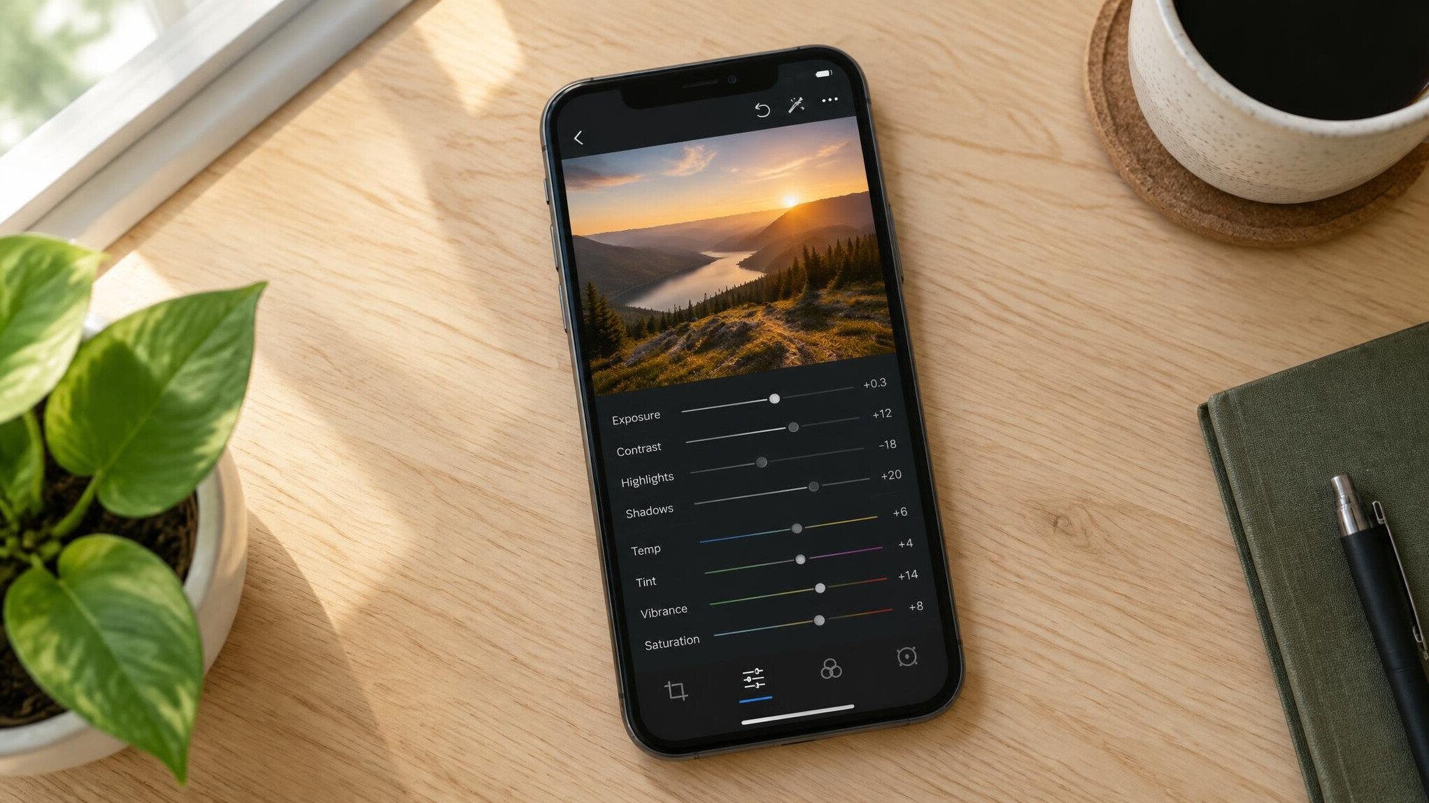 Smartphone showing a photo editing app with color sliders