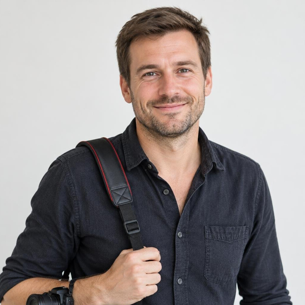 Portrait of a smiling man photography instructor with a camera strap